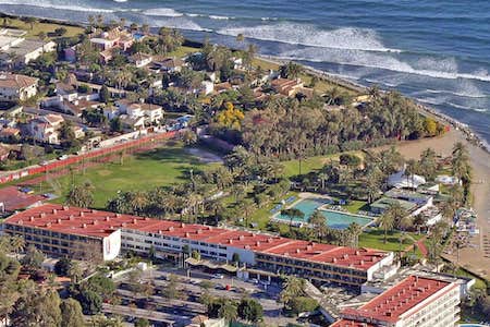Aerial view of the hotel, beach and sea