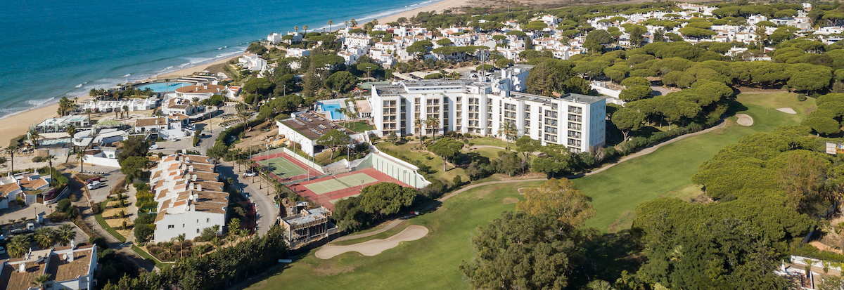 Aerial view of Dona Filipa Hotel with Vale do Lobo Golf in the foreground