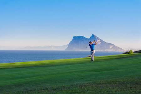 Fairway shot on La Hacienda Links with the Rock of Gibraltar in the background